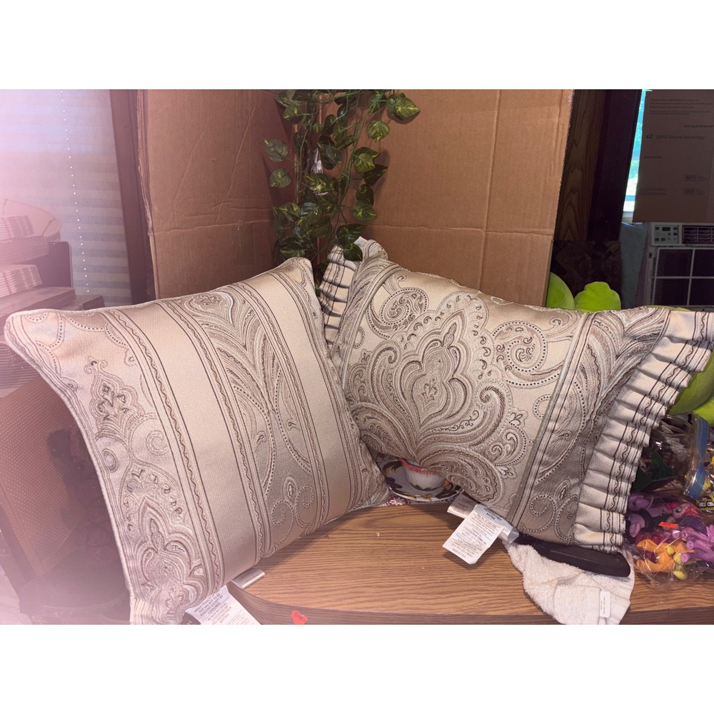 J. Queen New York Decorative Pillow Set Paisley Stripe Round Velvet Sage 3pc